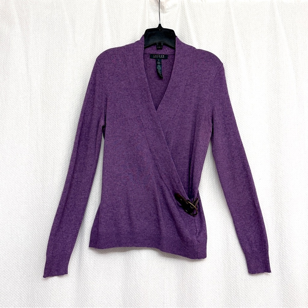 Ralph Lauren Purple Wrap V-Neck Sweater with Buckle Detail